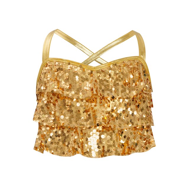 dPois Kids Girls Sparkly Sleeveless Halter Ruffled Tank Tops Camisole Latin Jazz Hip Hop Ballet Gold 10
