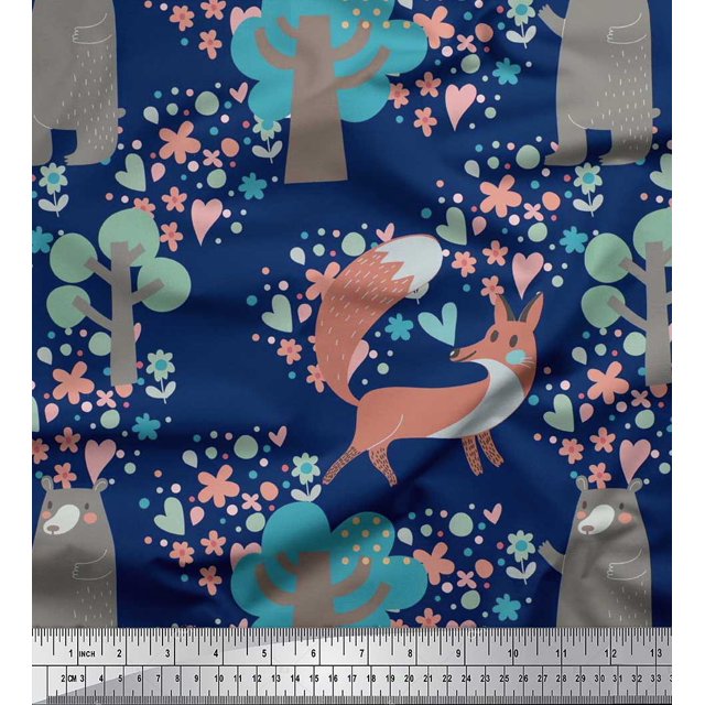 Soimoi Poly Georgette Fabric Tree,Fox & Bear Kids Fabric Prints by Yard 42 Inch Wide