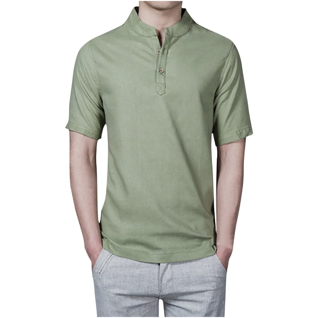 Besolor Summer Shirts for Men Stand Collar Buttton Short Sleeve Tops Casual Solid Color Plus Size Blouse Tees