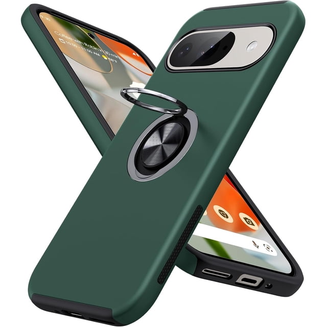 KOMI for Google Pixel 9 Pro XL Case, Slim Fit Case for Pixel 9 Pro XL with Metal Ring Holder Kickstand, Dual Layer Shockproof Protective Phone Case for Google 9 Pro XL 6.8", Dark Green