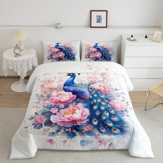 Girls Peacock Comforter Set Exotic Birds Bohemian Twin Bedding Set,Pink Flower Feather Ink Painting Down Comforter Peacock Feather Printed Bedding Set