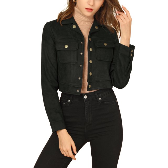 INSPIRE CHIC Veste Moto Courte en Faux Suède pour Femme à Col Rabattu