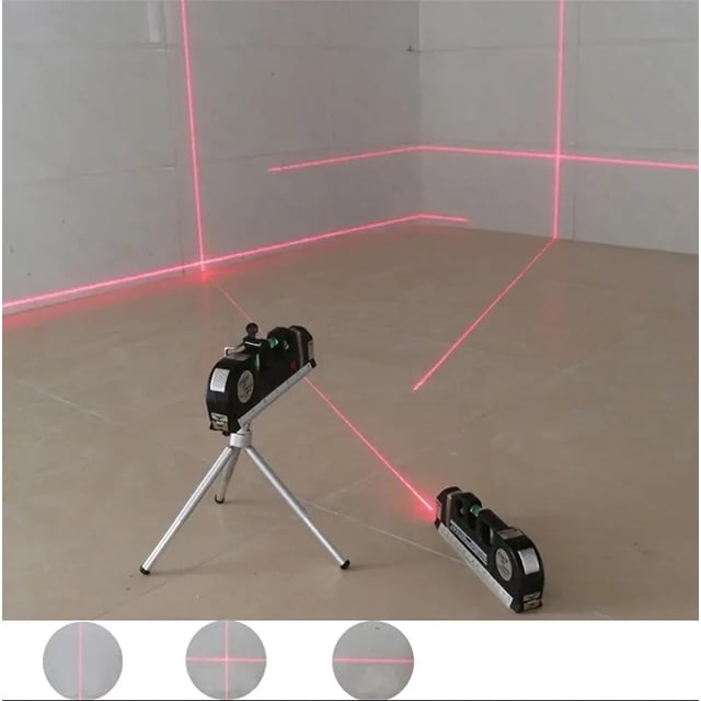 Multi-Purpose Precision Laser Level with horizontal and vertical laser beams, a tape measure, and magnetic and non-magnetic options. The device projects red laser lines in a crossline pattern on tiled walls and floors, with one unit mounted on a tripod. Suitable for construction, home decor, and precise measurement tasks.