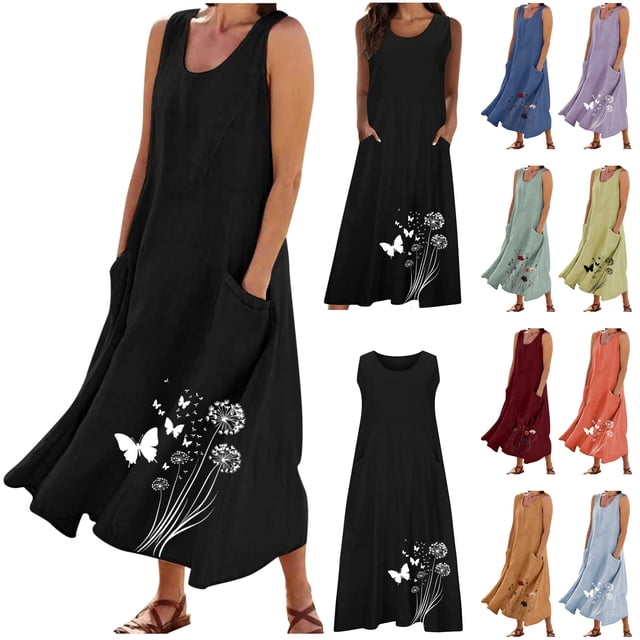 BiZtdJrK Robes Rouges pour Femmes Été Coton Lin Robe d'Été Grande Taille Sans Manches Fluide Robe Maxi Mode Bohème Graphique Robe Débardeur de Plage avec Poches TG