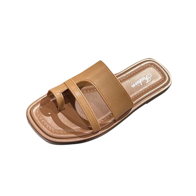 Womens Slide Sandals Flat Toe Ring Square Toe Soft Sole Non Slip Casual Beach Sandals Brown
