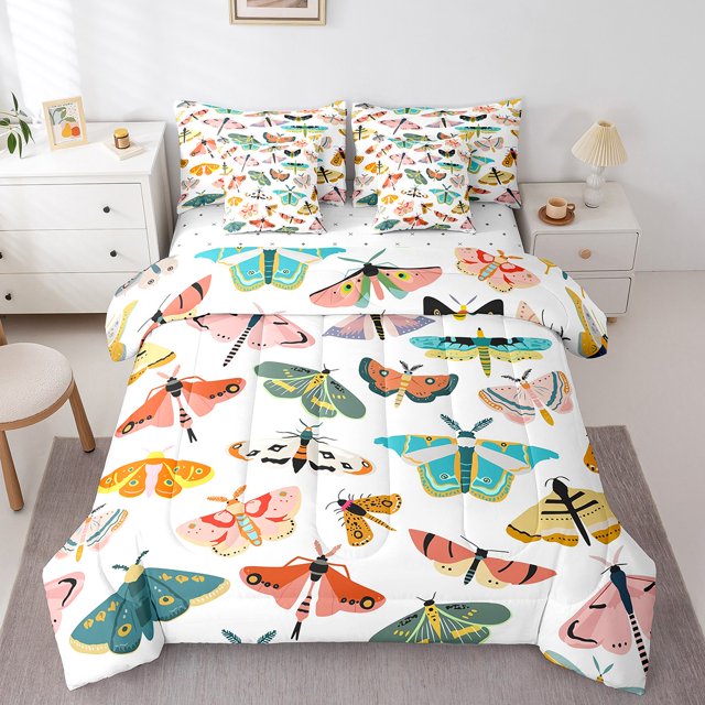 Erosebridal Colorful Moth Bedding Sets Queen Size, Cartoon Butterfly Comforter Sets with Sheets, Kids Tens, Reversible