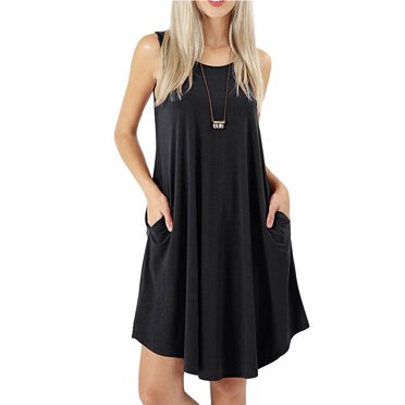 CEHVOM Robe Sans Manches pour Femmes, Unie, avec Poches, Décontractée, Style Débardeur, Coupe Évasée, Style T-Shirt