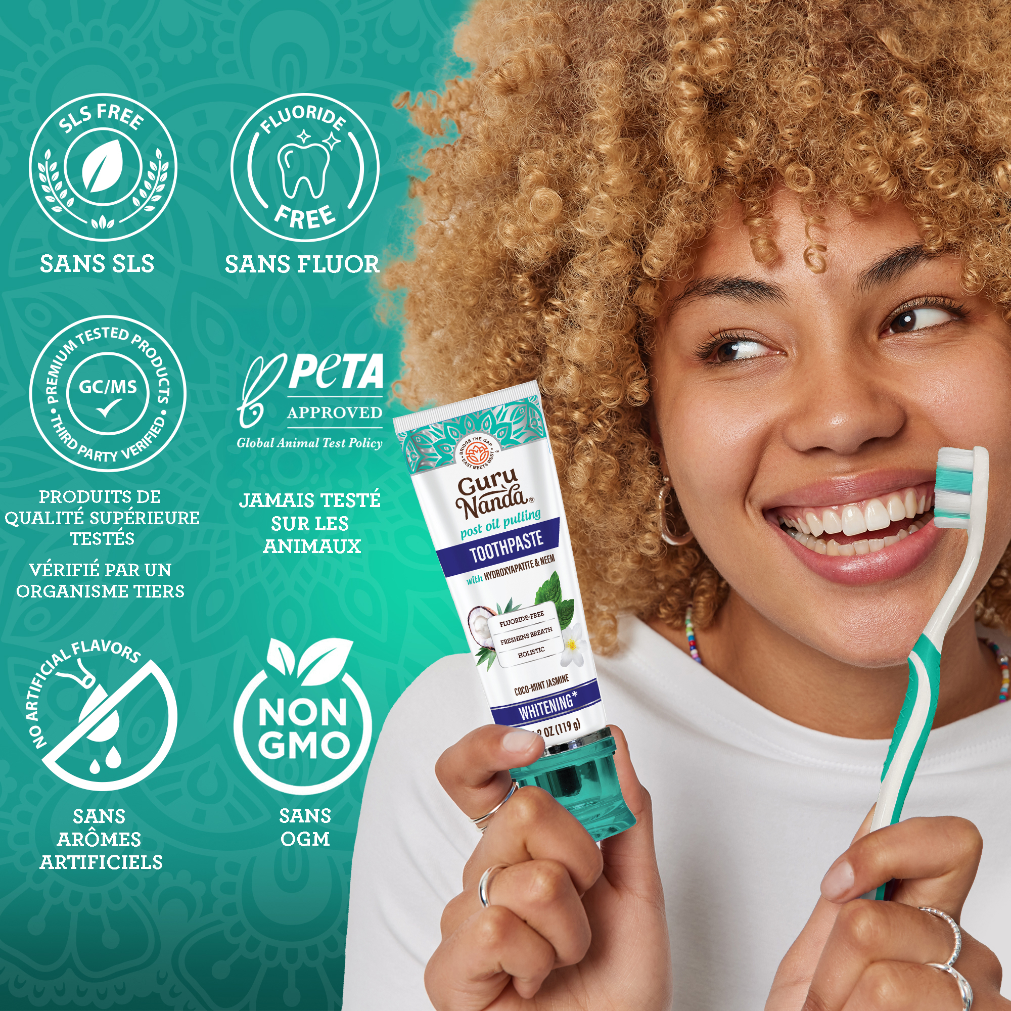 GuruNanda Dentifrice Blanchissant avec Neem & Hydroxyapatite, Noix de Coco-Menthe et Jasmin, Sans Fluorure, 119g