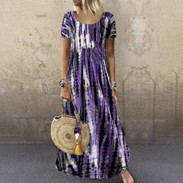 SMihono Robe Maxi Bohème d'Été pour Femmes Grande Taille Imprimé Teinture sur Nœuds Évasée Décontractée Robe d'Été Florale à Manches Courtes Femmes Robe pour Femmes Robe Mini Robe de Plage Évasée Robe d'Été