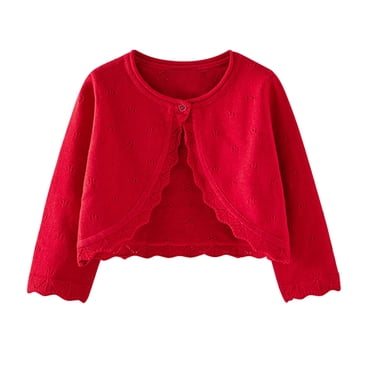 Hinvhai Baby Girls Knitted Bolero Cardigan Shrug Clearance Long Sleeve Ruffle Trim Thin Sweater Coat Crop Tops for Child Kids Red 18 Months