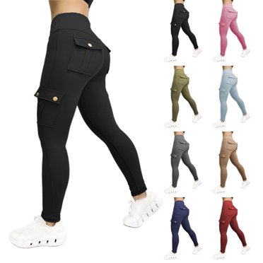 CFLVAEK Cargo Yoga Leggings for Women with Pocket Plus Size High Waisted Tummy Control Pant Stretch Running Workout Leggings Solid Color Gym Fitness Pant Pink S