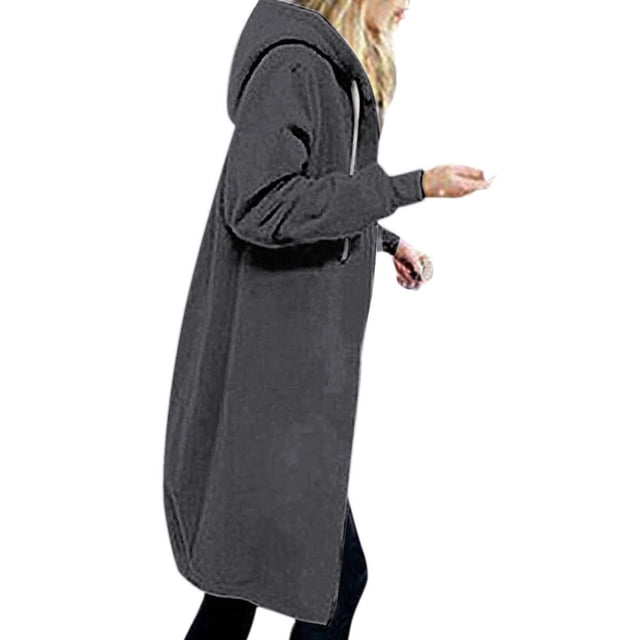 drppepioner Women'S Solid Color Jacket Plus Fleece Insert Pocket Hooded Zipper Mid Length Sweater