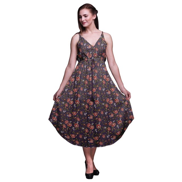 Bimba Robe à Imprimé Floral pour Femmes Bretelles Spaghetti Col en V Midi Tenue de Plage-Petite