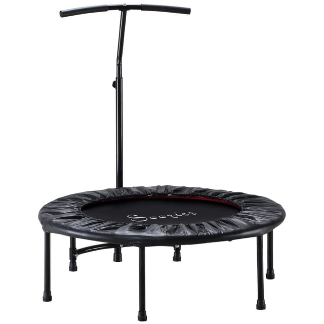 Mini Exercise Trampoline Rebounder Cardio Trainer Adjustable T-Bar Black with a round black jumping surface branded Soozier, surrounded by a padded black cover, supported by six steel legs with anti-slip rubber caps, and an adjustable black T-bar handle for stable low-impact cardio workouts and muscle toning.