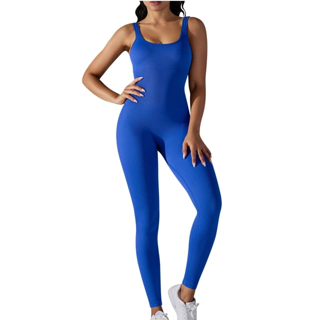 AherBiu Workout Bodysuits for Women Sleeveless Square Neck Ribbed Slim Yoga Jumpsuits Joggers Rompers