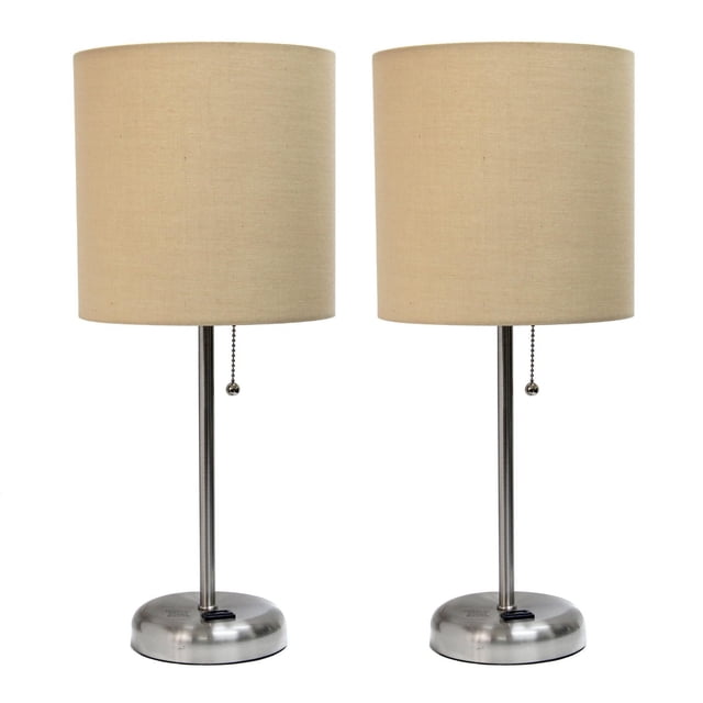 LimeLights Brushed Steel Stick Lamp with Charging Outlet and Fabric Shade 2 Pack Set with two table lamps featuring brushed steel round bases with built-in 2-prong charging outlets, slim steel stems, and beige fabric drum shades with pull chain switches, ideal for bedrooms, dorms, nurseries, or offices.