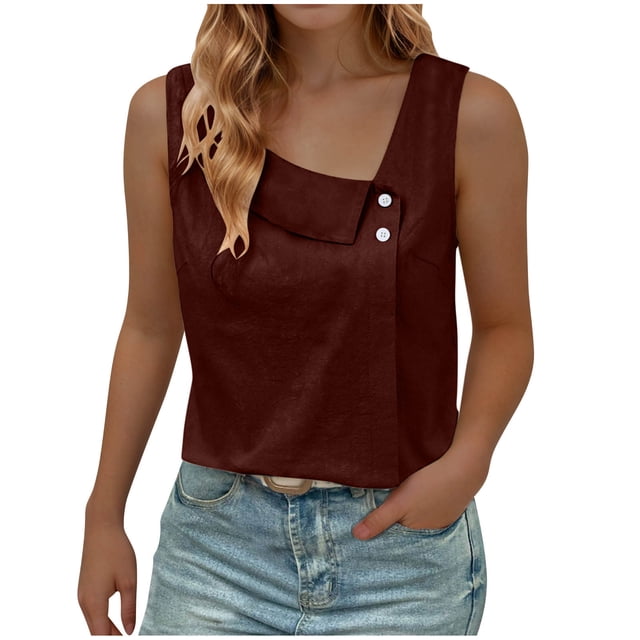 Timegard Summer Tops for Women Sleeveless Button Regular Neck Casual Shirts Solid Color Fashion Blouses