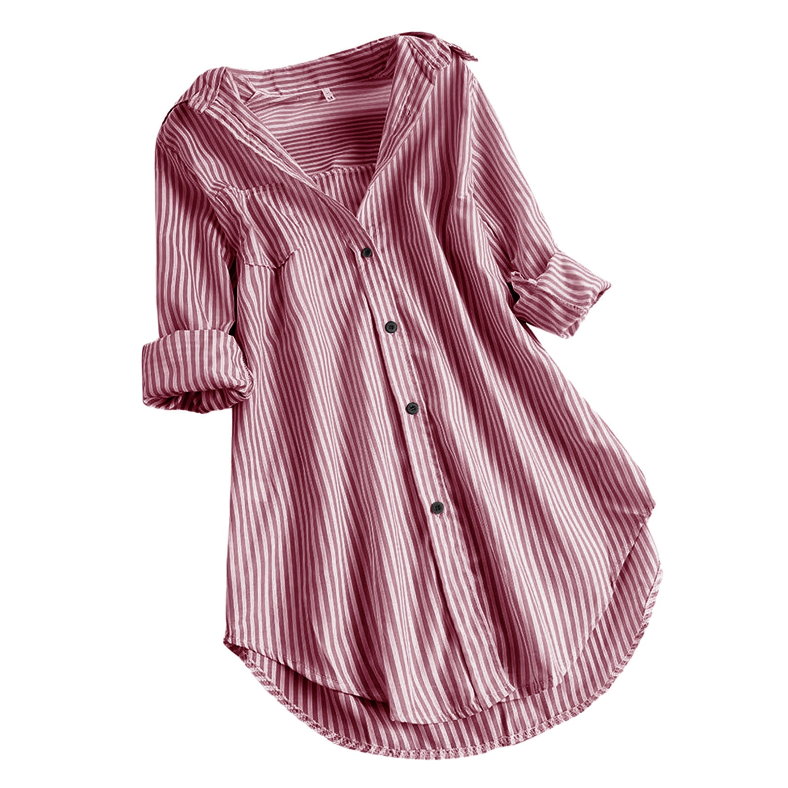 Timegard Womens Shirts Striped Long Sleeve Lapel v Neck Button up Tops Fall Casual Work Loose Blouse