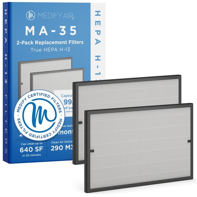 Medify MA-35 Genuine Replacement Filter for Black MA-35 Purifiers | Smoke Dust Odors Pet Dander | 3 in 1 with Pre-filter True HEPA H13 and Activated Carbon for 99.9% Removal | 2-Pack