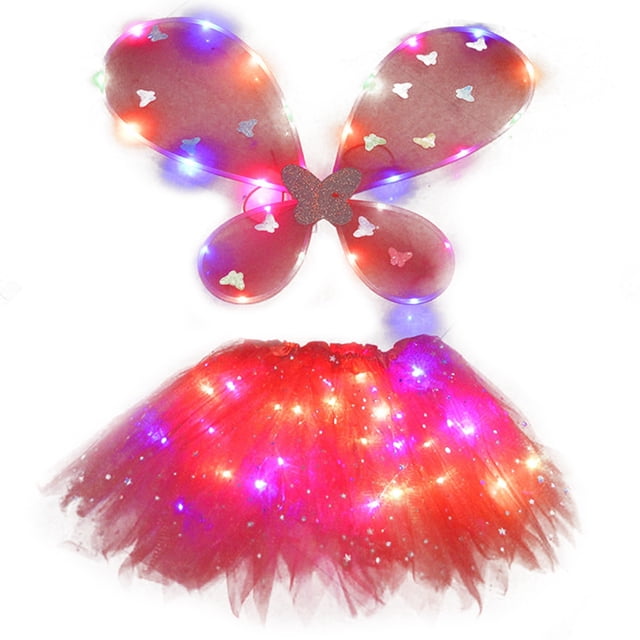 Jupe Tutu d'Halloween à DEL Robe en Tulle de Fête Jupe de Cosplay avec Aile pour Enfants. l'Ensemble Comprend une Jupe en Tulle Rouge avec des Lumières DEL Multicolores et une Aile Assortie en Forme de Papillon Ornée d'Accentations Scintillantes et de Lumières DEL. la Jupe Mesure Environ 30 cm (12 Po) de Longueur, Convient aux Enfants de 3 à 14 Ans et Pèse jusqu'à 45 kg (99,2 Lb). l'Aile Mesure Environ 40x48 cm (15,57x18