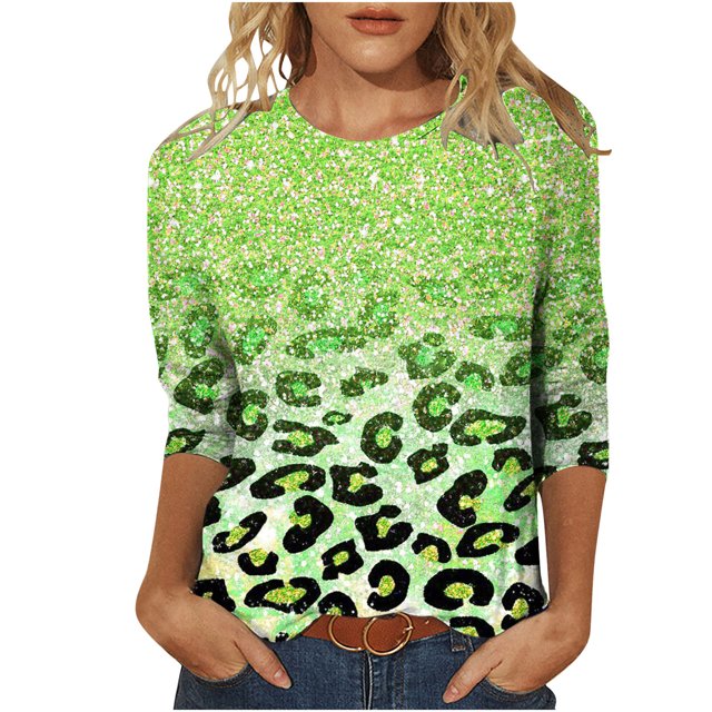 CEHVOM T-shirt Ample à Imprimé Léopard pour Femme, Manches 3/4, Col Rond, Haut Décontracté, Liquidation