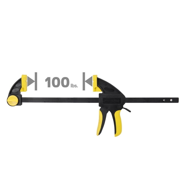 WorkPro 12-Inch Ratcheting Bar Clamp and Spreader with black reinforced nylon body and carbon steel bar, yellow padded jaws to prevent marring, one-handed soft grip trigger for 100 lbs clamping force, and push-button release for easy jaw adjustment, suitable for woodworking and light DIY projects.