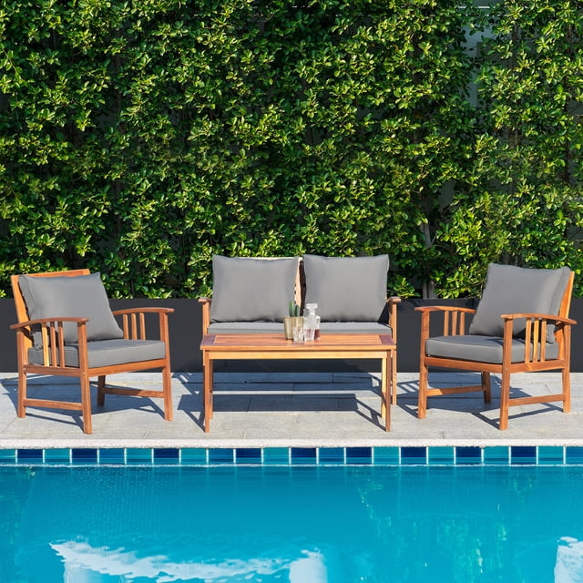 Gymax Ensemble de Mobilier de Patio en Bois 4 Pcs Table et Sofa Sectionnel de Jardin