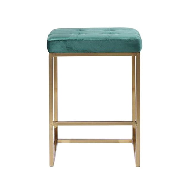 Modern Luxurious Counter Stool with tufted green faux leather seat and shiny gold steel legs in a sleek backless design, 26 inches high by 17 inches wide and deep, perfect for kitchen counters and bars, also suitable as a stylish vanity stool.