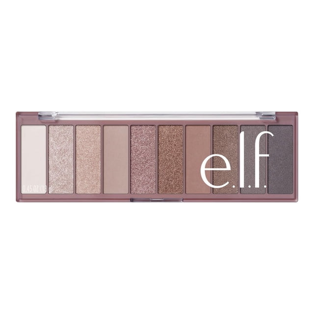 e.l.f. Cosmetics 10 Piece Eyeshadow Palette with a clear-lid rectangular case displaying ten matte and satin matte neutral shades from light beige to dark taupe, ideal for shading, highlighting, and defining eyes with versatile use on lids, creases, and as liners.