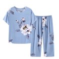 thumbnail image 2 of Weiqiqre Pyjama pour Femmes Ensemble 2 Pcs Tenues en Lin Manches Courtes Imprimé Floral Ensembles de Détente Col Ras du Cou Complets d'Été, 2 of 3