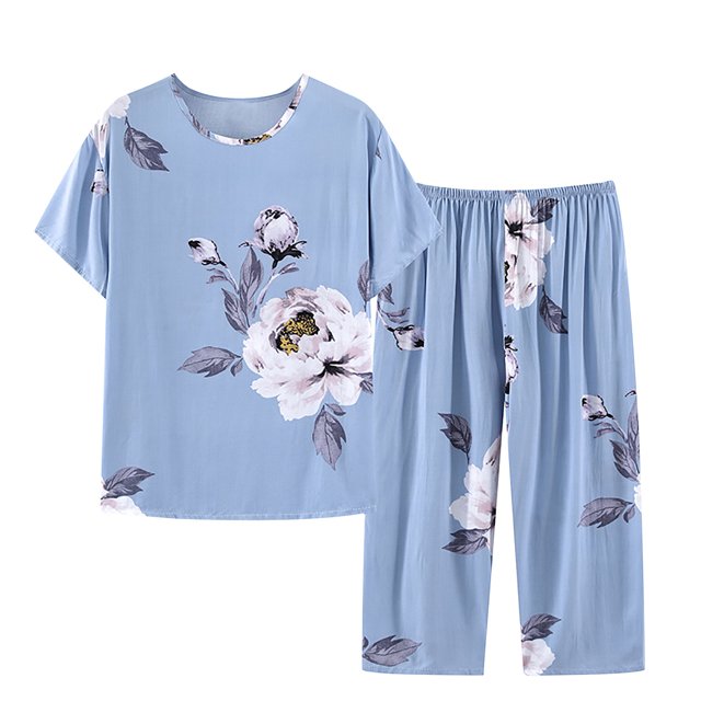 Penkiiy Ensembles de Pyjama pour Femmes à Manches Courtes et Pantalons Capri, Mignon Imprimé de Dessins Animés, TG Multicolore