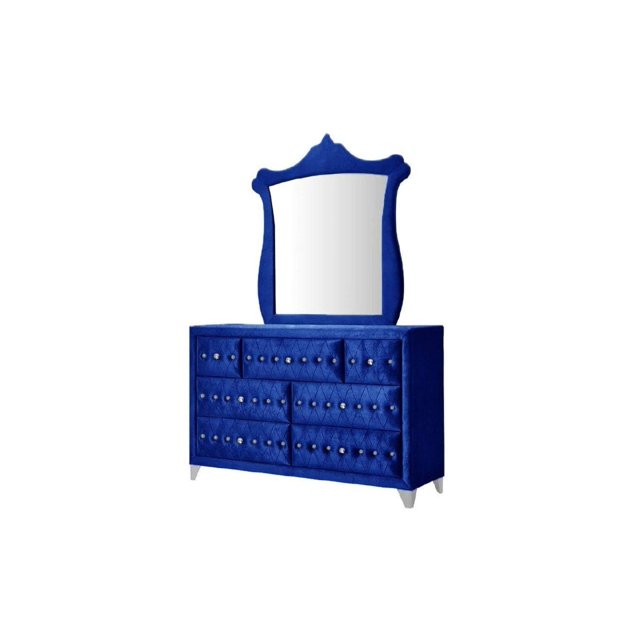 Acme Furniture 7 Tiroirs Commode en Velours avec Bouton Touffeté, Bleu