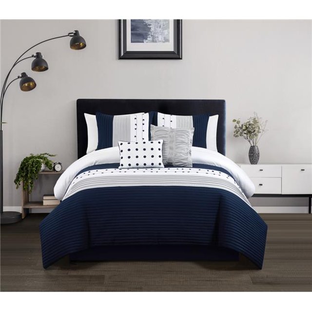 Chic Home BCS25401-US Lanny Comforter Set with Block Pleated Ribbed Embroidered Design Queen Bedding - Decorative Pillows Shams, Navy - 5 Piece