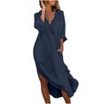 thumbnail image 1 of Robe en Coton et Lin pour Femmes, Col à Revers, Fente, Manches Longues, Robe Unie Décontractée Ample et Fluide, Robe Maxi d'Automne avec Poches, 1 of 7