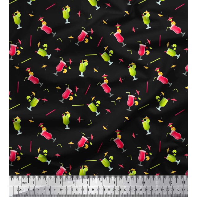 Soimoi Poly Georgette Fabric Straw & Juice Beverages Print Fabric by Yard 52 Inch Wide