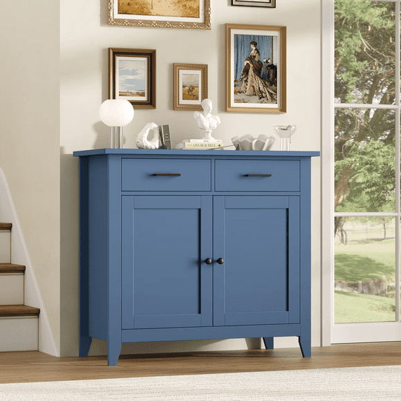 Homfa Kitchen Storage Cabinet, Farmhouse Buffet Sideboard with 2 Drawers and 2 Doors, Entryway Cabinet Coffee Bar for Dining Room Living Room, Blue