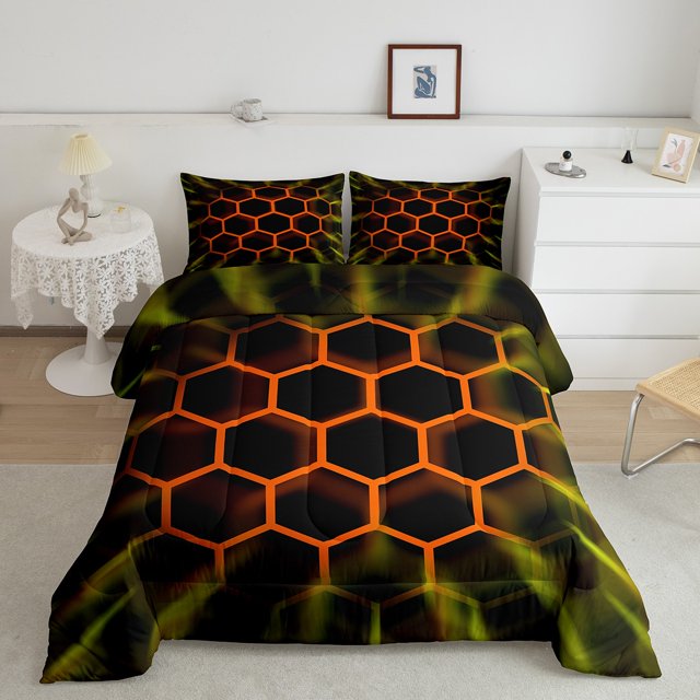 Erosebridal Orange Honeycomb Bedding King Comforter Set, Neon Geometry Down Comforter, Abstract Room Decor, Breathable