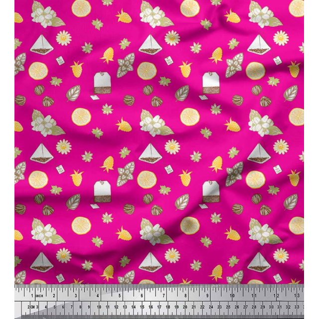 Soimoi Pink Poly Georgette Fabric Tea Bag,Star Anise & Lemon Slice Vegetable Print Sewing Fabric Yard 52 Inch Wide