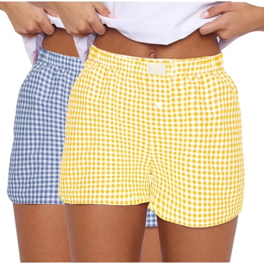 Lenpel Women's Boxer Shorts 2 Pc Summer Casual Elastic High Waisted Plaid Pajama Lounge Shorts Sleep Pj Bottoms