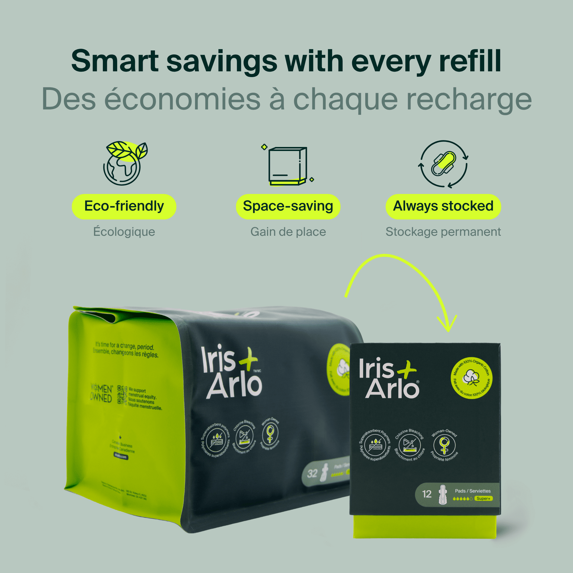 Iris + Arlo Serviettes Hygiéniques Biologiques 100 % Coton / Sac Super Plus Refermable (32 Unités), Serviettes Hygiéniques pour Femmes + Toutes les Menstruatrices avec Ailes