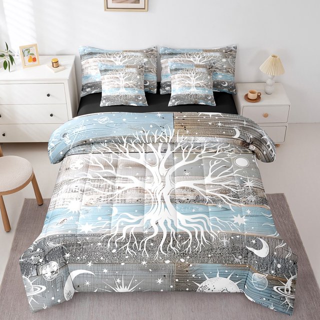 YST Sun and Moon Bedding Set, Rustic Farmhouse Comforter Set, 7-Piece, Celestial, Teal, Stripe Decor, Full
