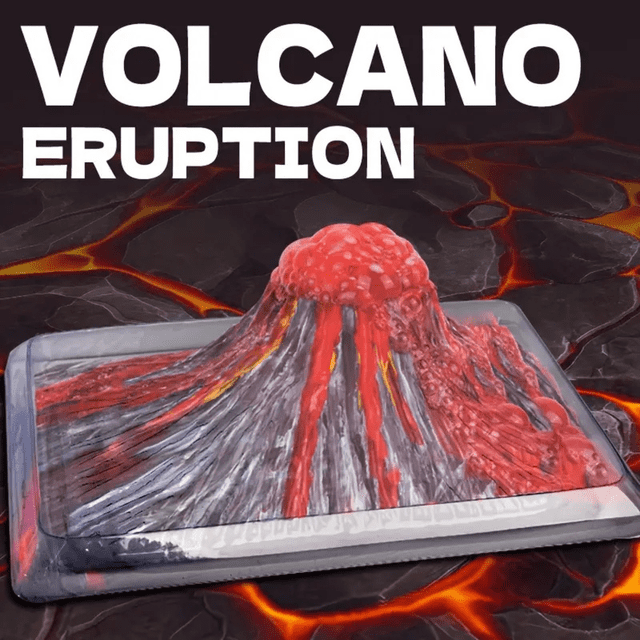LivinVeluris Volcano Science Kit for Kids Age 8+ showcasing a realistic volcano mold erupting with vibrant red lava on a dark, lava-textured background. This STEM educational toy includes tools for safe, repeatable chemical reactions, making it ideal for science experiments and geology learning.