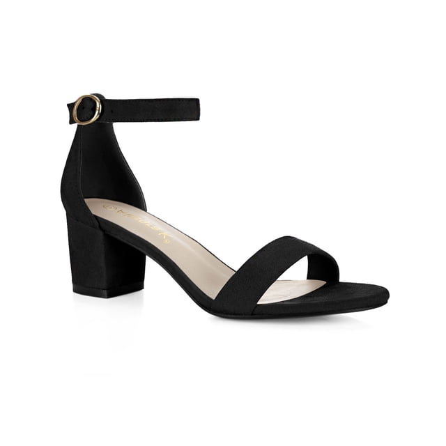 BLISSFUL STEP Women's Shoes Open Toe Mid Block Heel Ankle Strap Faux Suede Sandals Black 5