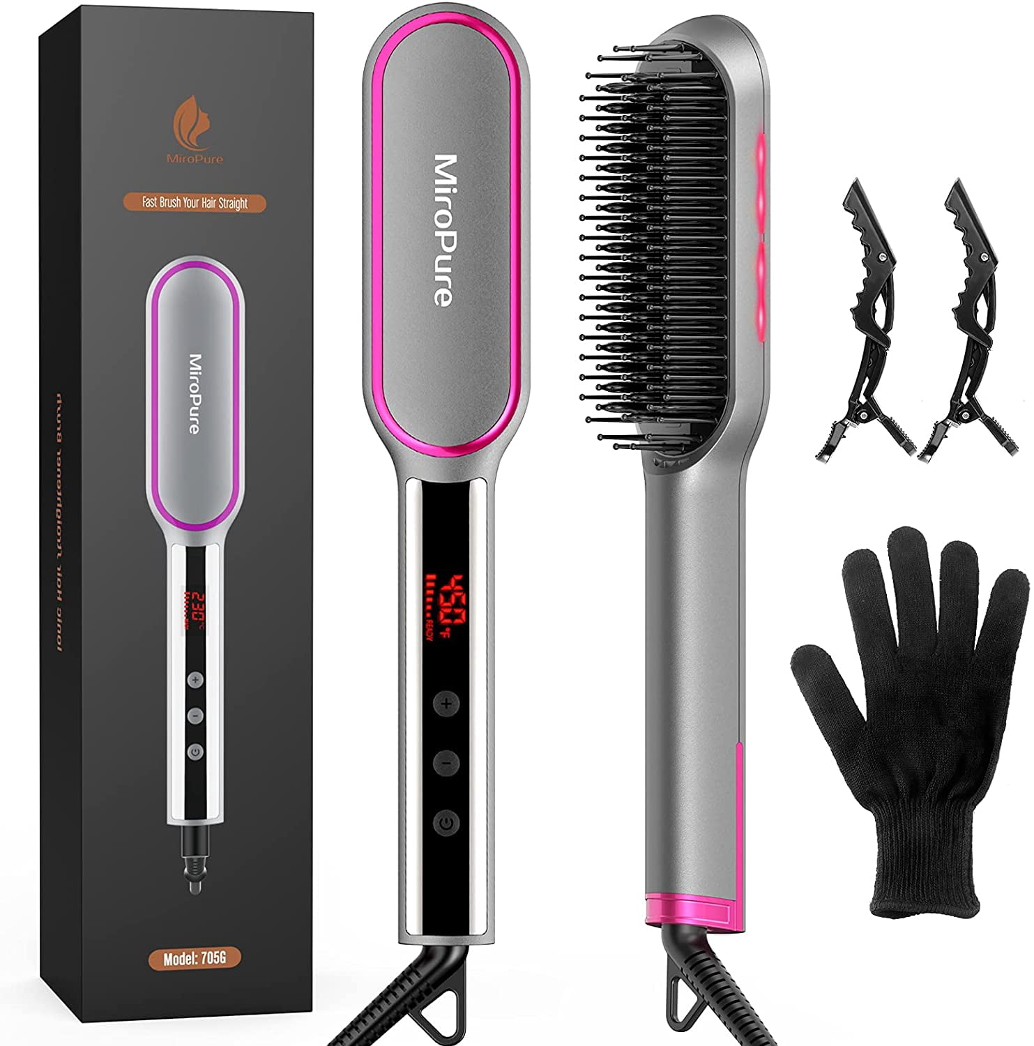 Hair Straightener Brush, Infrared Ionic Hair Straightening Brush, 13 Heat Settings with LED Screen & Anti-Scald & Auto-Off, Fast Heating Comb for Home Salon