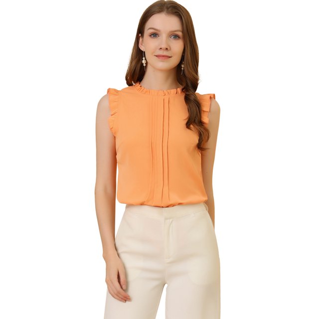 INSPIRE CHIC Blouse Sans Manches pour Femme, à Volants, Plissée, Blouse CHIC pour le Travail, TP, Orange