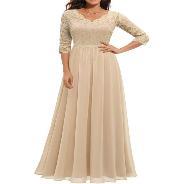 Robe Longue en Dentelle pour Femmes Manches 3/4 Col en V Dos Nu Fermeture Éclair Robe de Soirée de Mariage