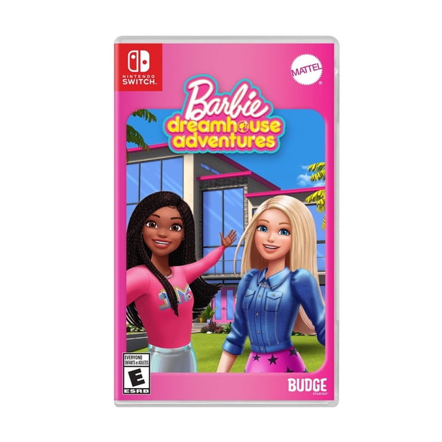 Barbie™ Dreamhouse Adventures (Nintendo Switch) game cover featuring two animated female characters standing in front of a modern house with large blue-tinted windows and pink trim, one wearing a pink long-sleeve top and silver skirt, the other in a blue denim shirt and pink skirt with black stars, set against a clear blue sky.