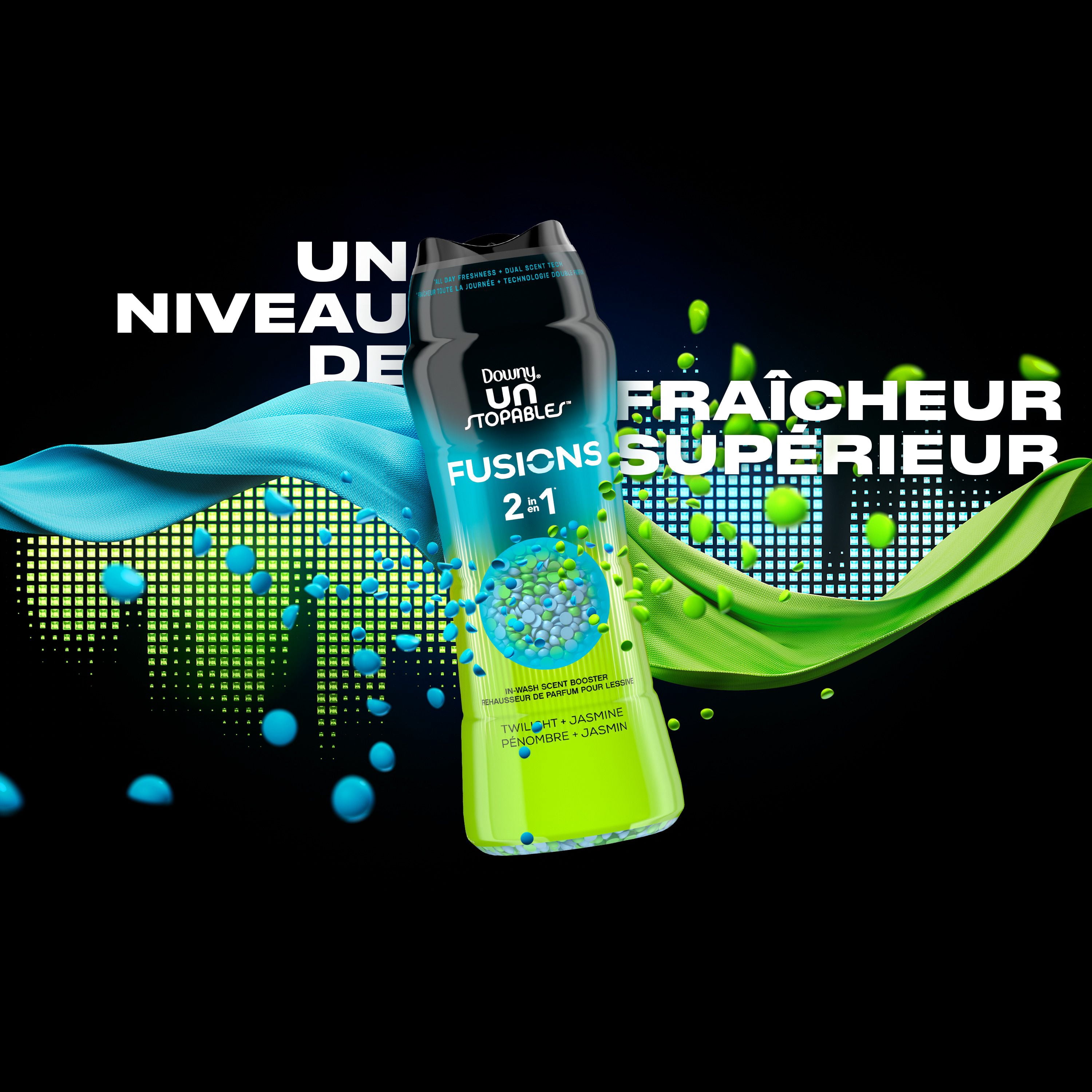 Perles rehausse-parfum pour la lessive Downy Unstopables Fusions, parfum Pénombre et jasmin, fraîcheur 2 en 1 toute la journée, technologie à double parfum