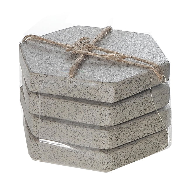 4PC Terrazzo Stone Hexagon Coaster 4X4 set of four natural stone hexagonal coasters with a speckled terrazzo pattern, stacked and tied with rustic jute string, designed to protect tabletops from water rings and heat damage while enhancing dining decor.