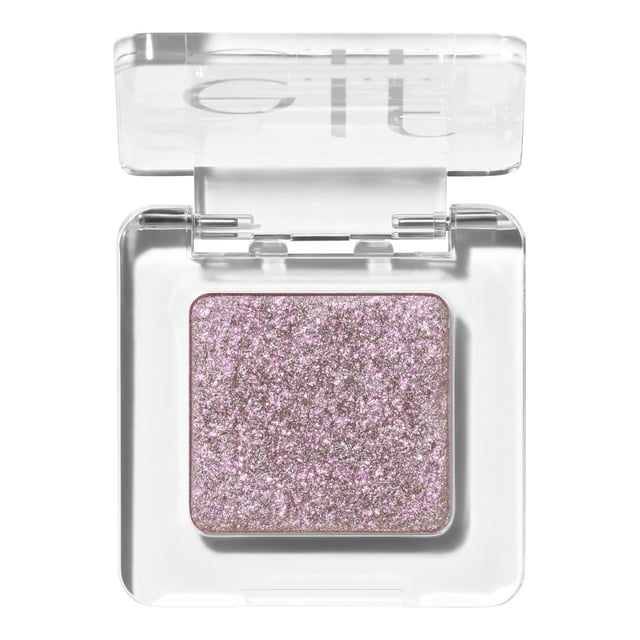 e.l.f. Cosmetics Fine as Fleck Glitter Eyeshadow in a clear square compact with a sheer pink glitter eyeshadow topper containing micro-fine glitter flecks for a long-lasting shimmering finish, ideal for layering or wearing alone.